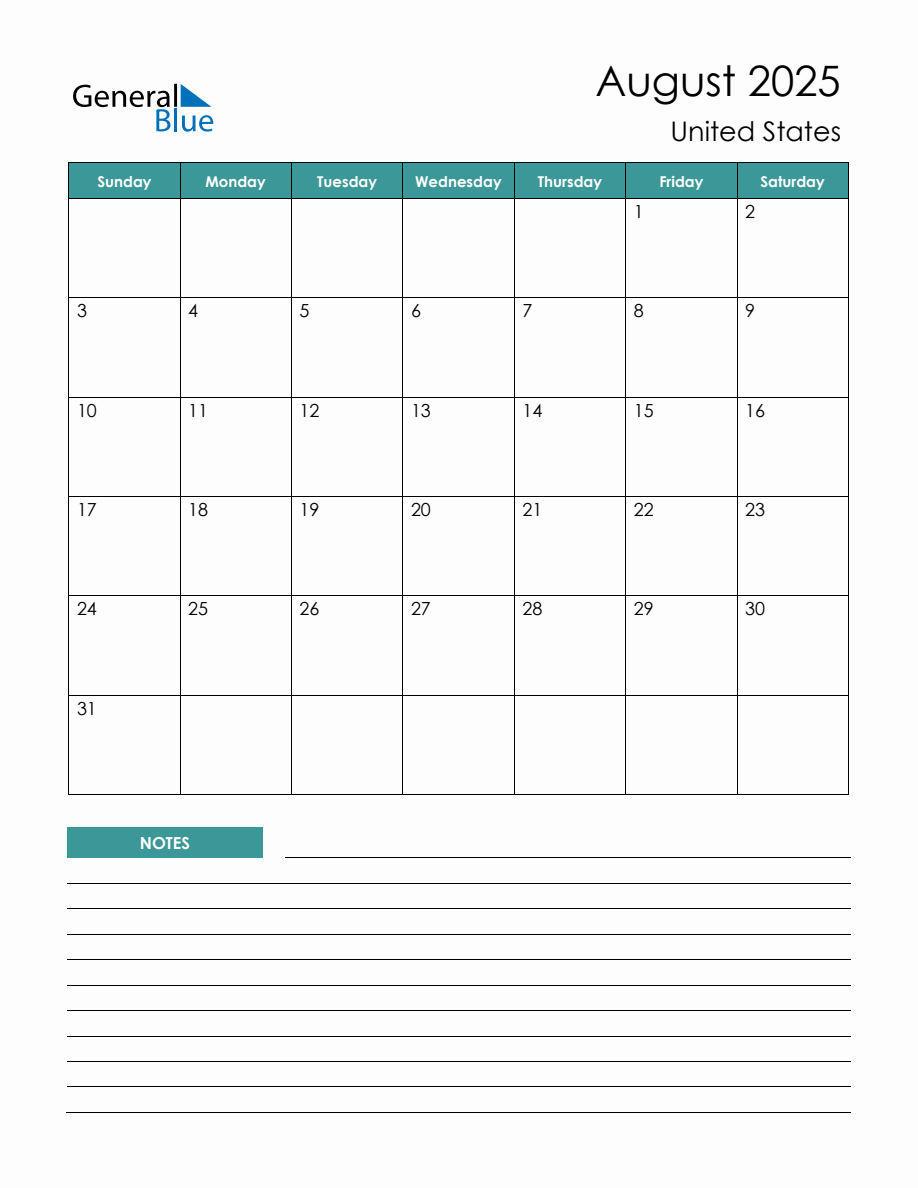 Monthly Planner with United States Holidays August 2025