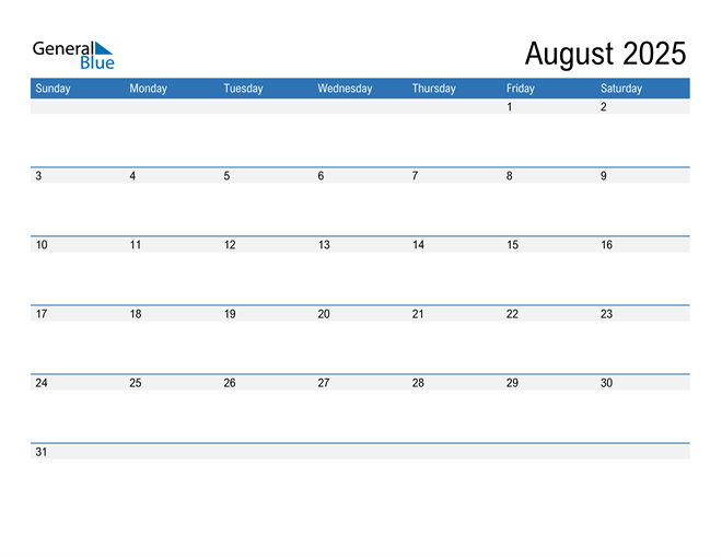 August 2025 Calendar (PDF Word Excel)