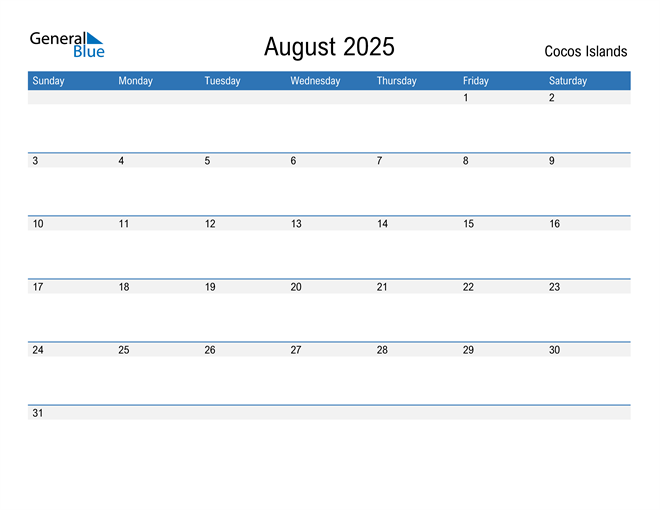 August 2025 Calendar with Cocos Islands Holidays