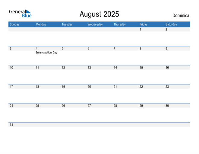 August 2025 Calendar with Dominica Holidays