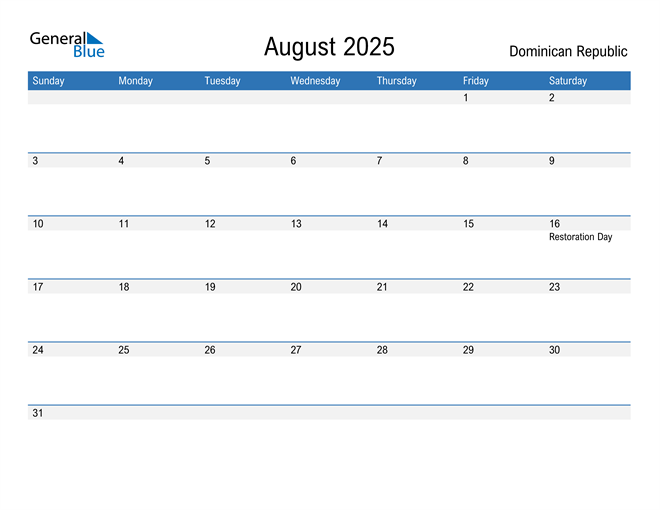 August 2025 Calendar with Dominican Republic Holidays