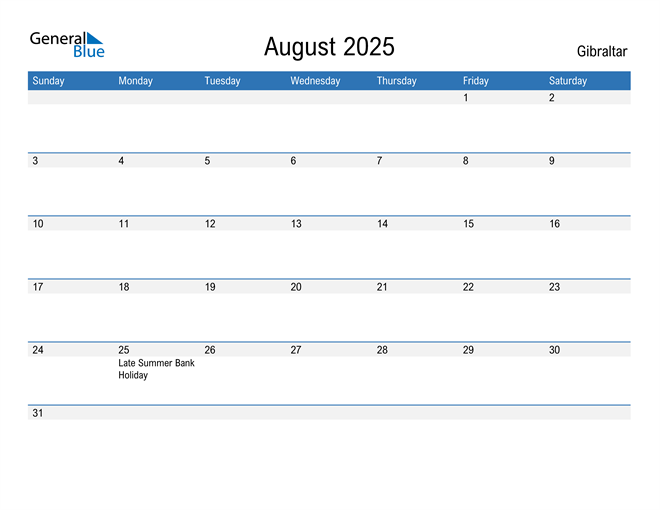 August 2025 Calendar with Gibraltar Holidays