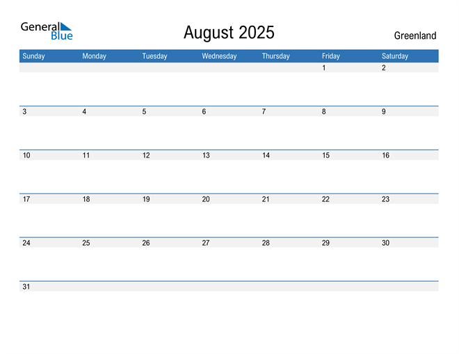August 2025 Calendar with Greenland Holidays