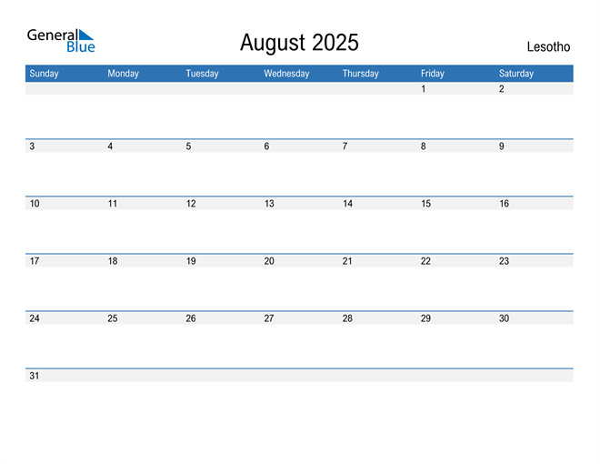 August 2025 Calendar with Lesotho Holidays