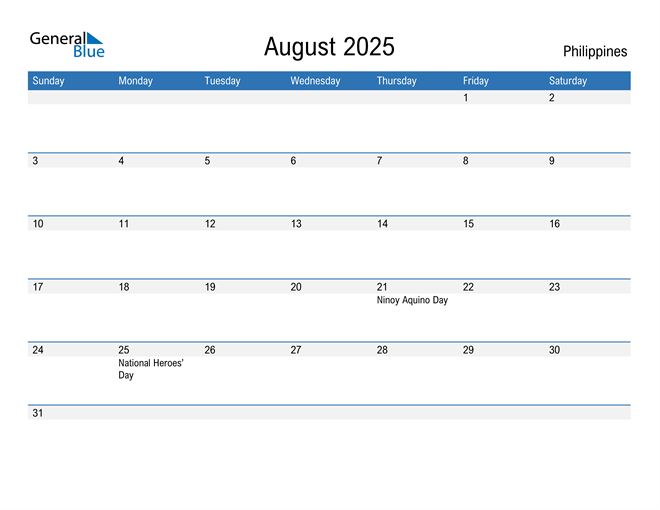 August 2025 Calendar with Philippines Holidays