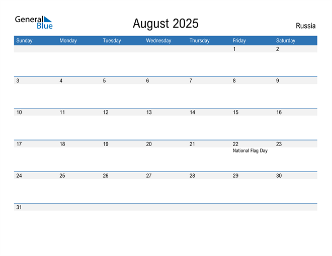 August 2025 Calendar with Russia Holidays