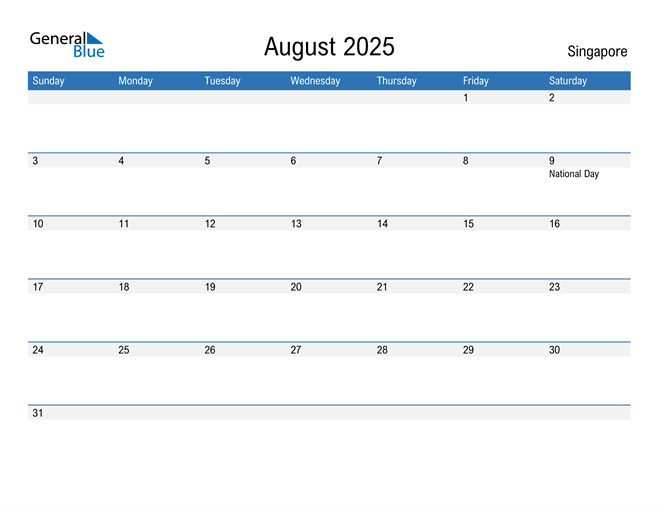 August 2025 Calendar with Singapore Holidays