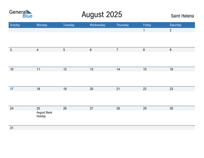 August 2025 Calendar with Saint Helena Holidays