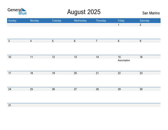 August 2025 Calendar with San Marino Holidays