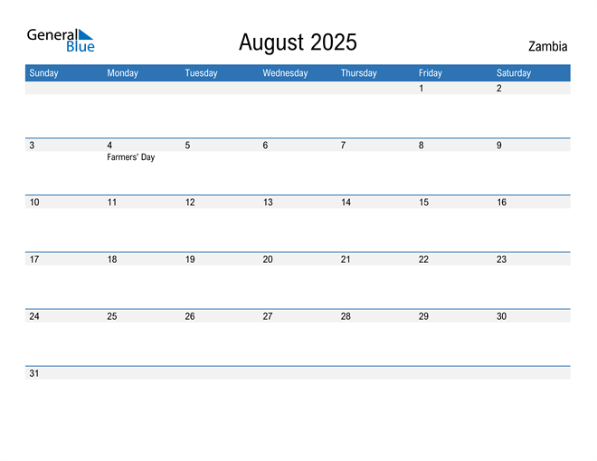 August 2025 Calendar with Zambia Holidays