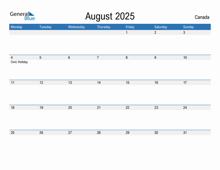 Editable August 2025 Calendar with Canada Holidays