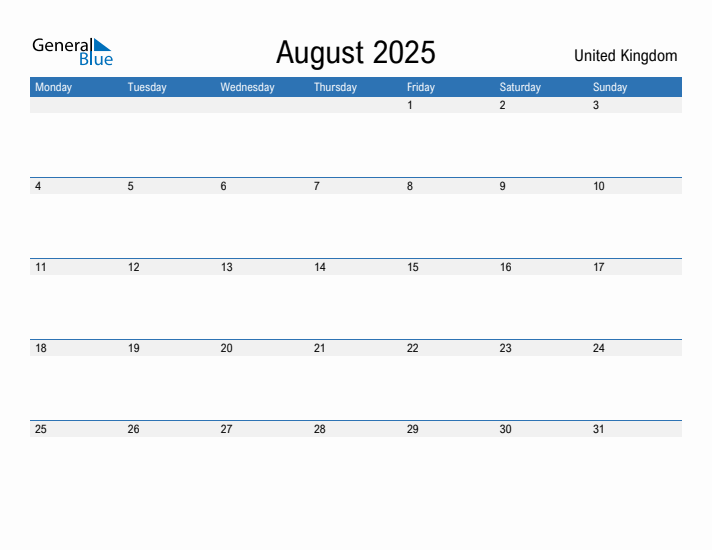 Editable August 2025 Calendar with United Kingdom Holidays
