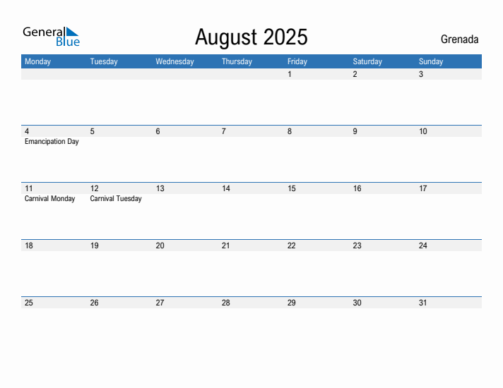 Editable August 2025 Calendar with Grenada Holidays