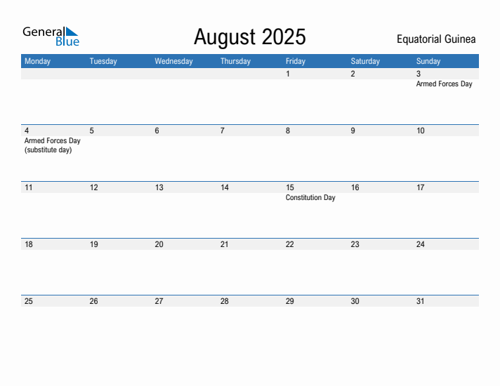 Editable August 2025 Calendar with Equatorial Guinea Holidays