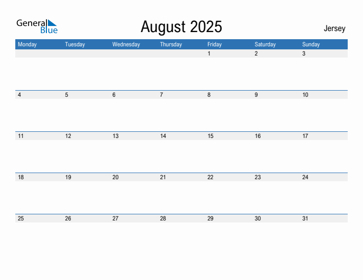 Editable August 2025 Calendar with Jersey Holidays