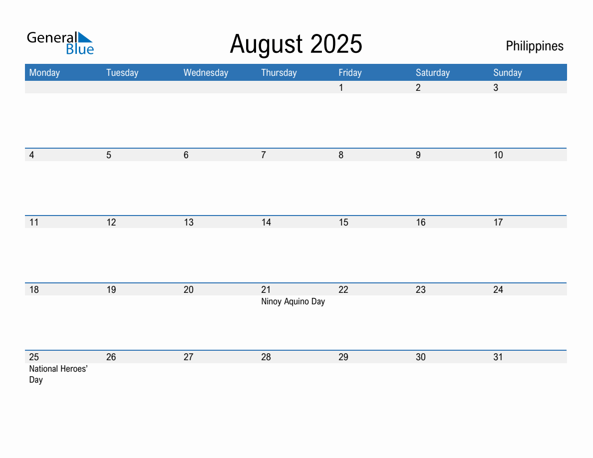 Editable August 2025 Calendar with Philippines Holidays