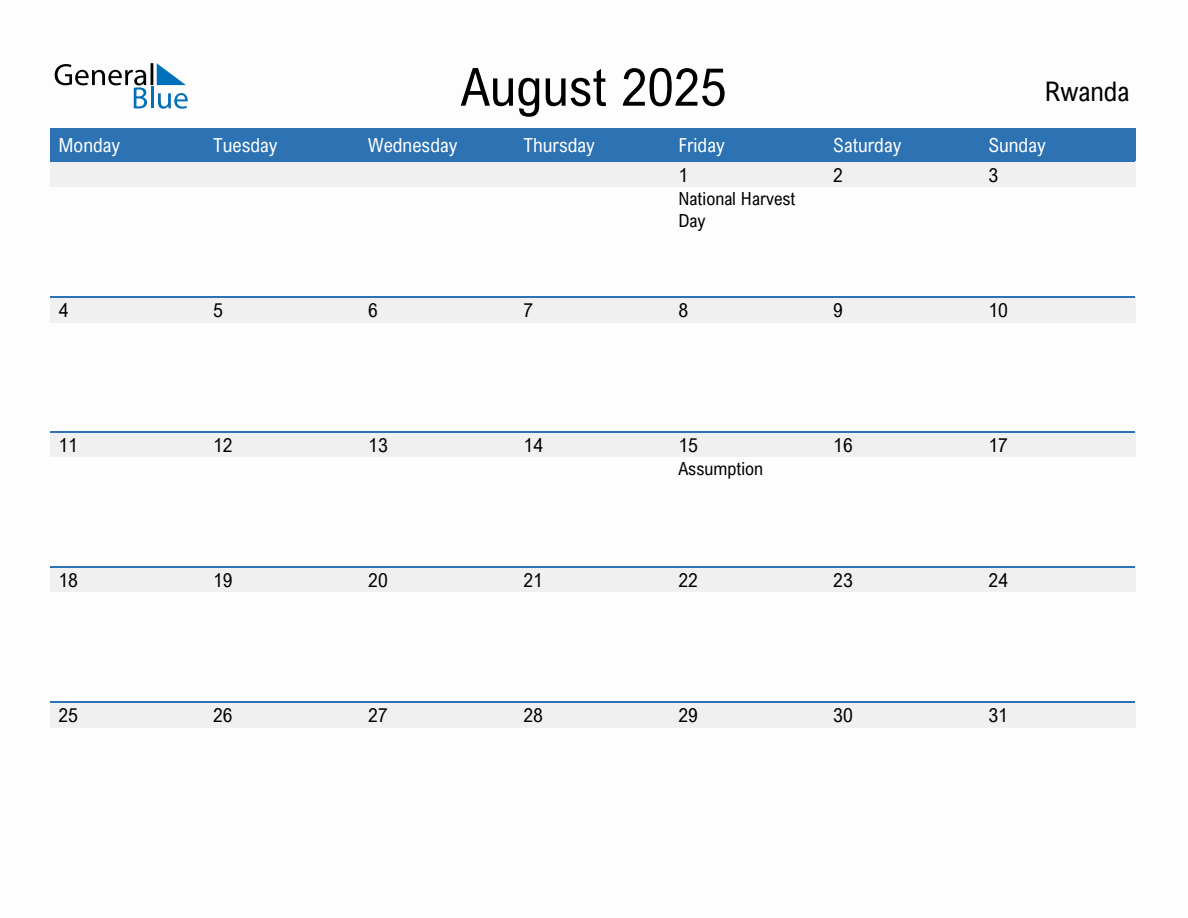 Editable August 2025 Calendar with Rwanda Holidays