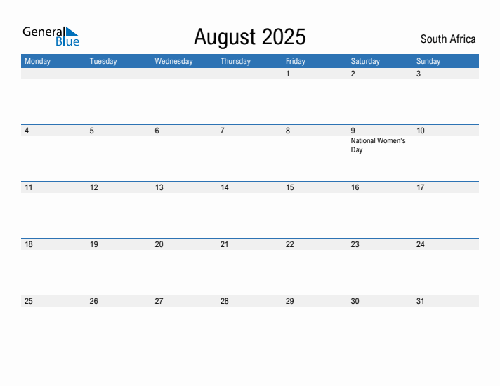 Editable August 2025 Calendar with South Africa Holidays