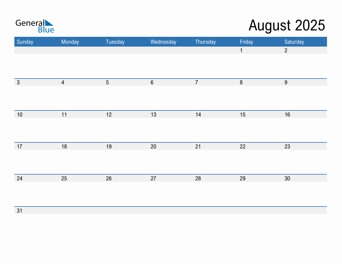 August 2025 Monthly Calendar Template (Sunday Start)
