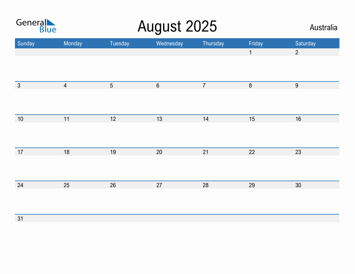 Editable August 2025 Calendar with Australia Holidays