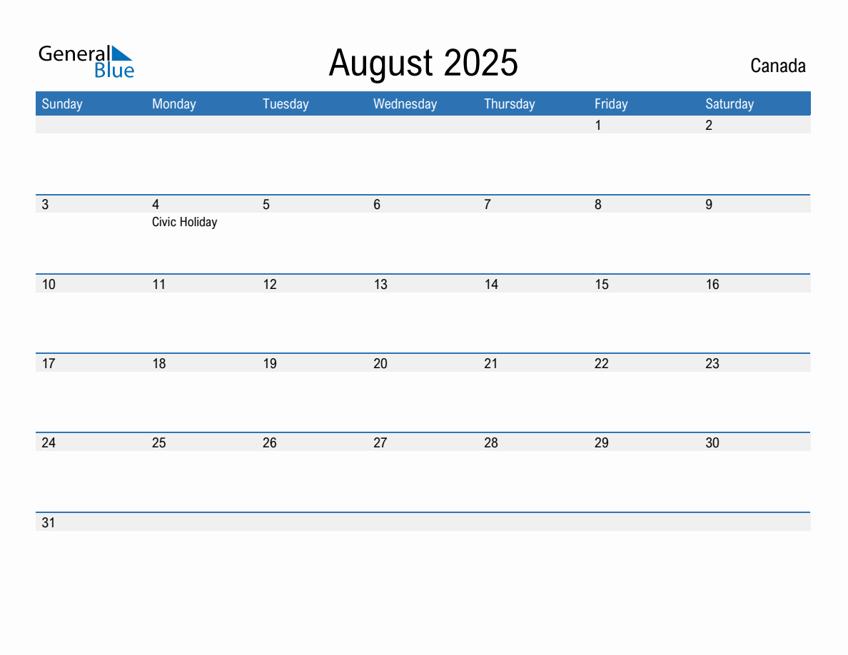 Editable August 2025 Calendar with Canada Holidays