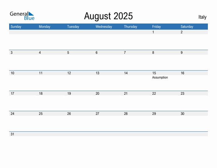 Editable August 2025 Calendar with Italy Holidays