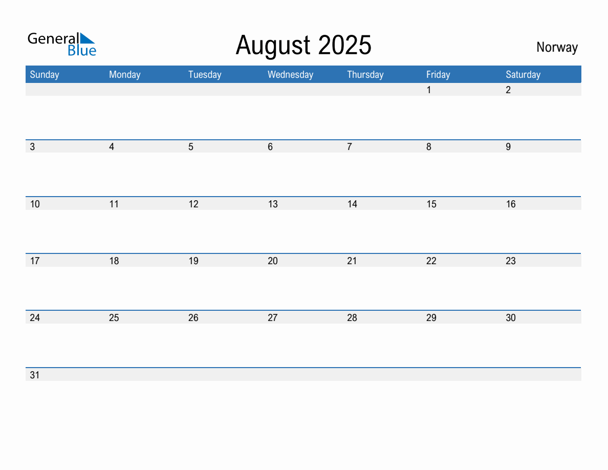 Editable August 2025 Calendar with Norway Holidays