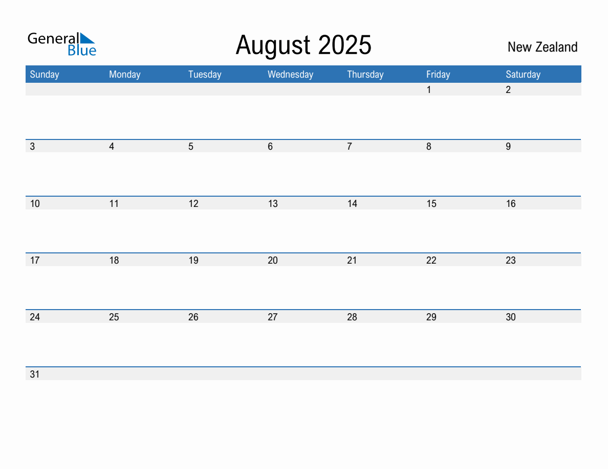 Editable August 2025 Calendar with New Zealand Holidays