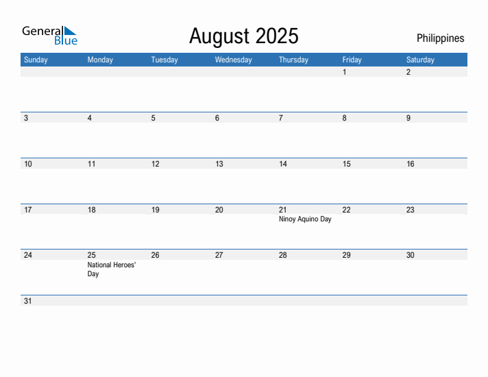 Editable August 2025 Calendar with Philippines Holidays