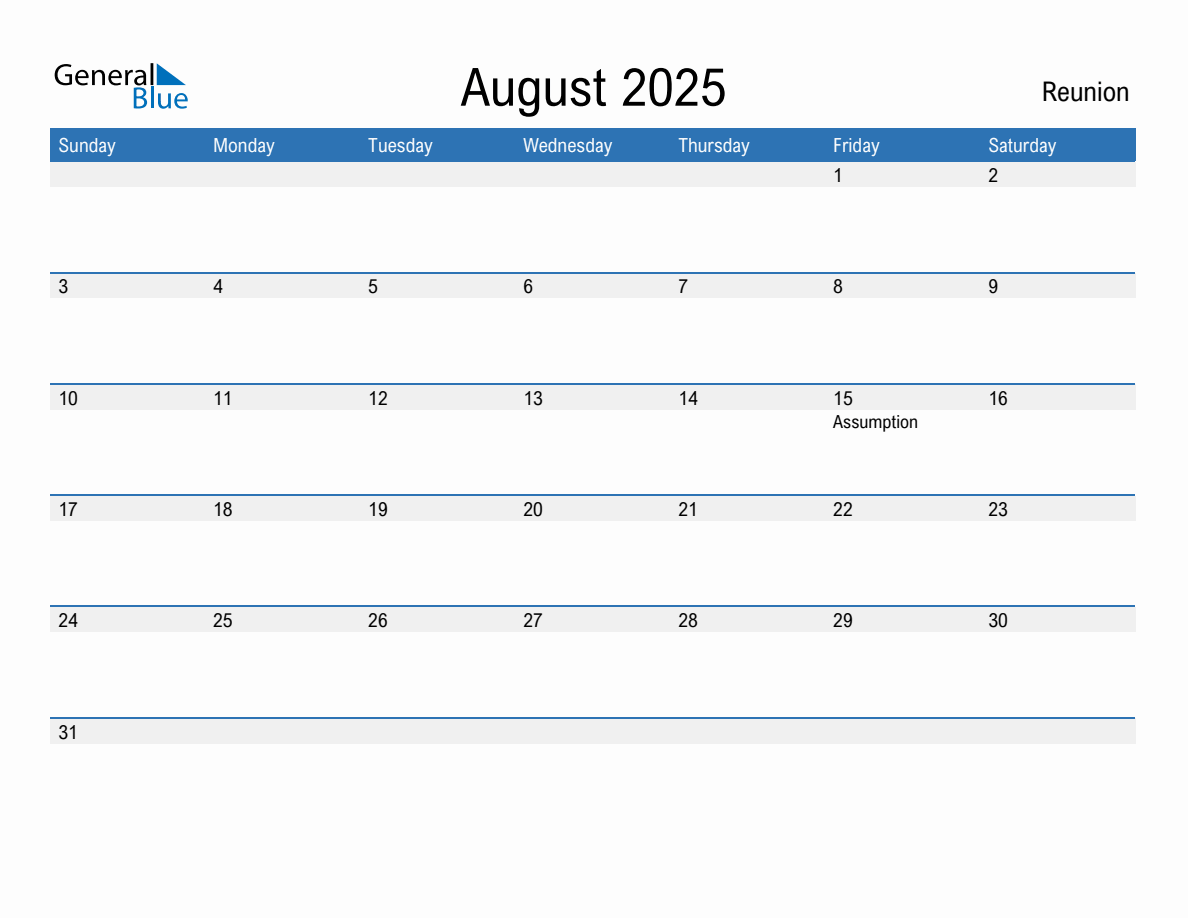 Editable August 2025 Calendar with Reunion Holidays