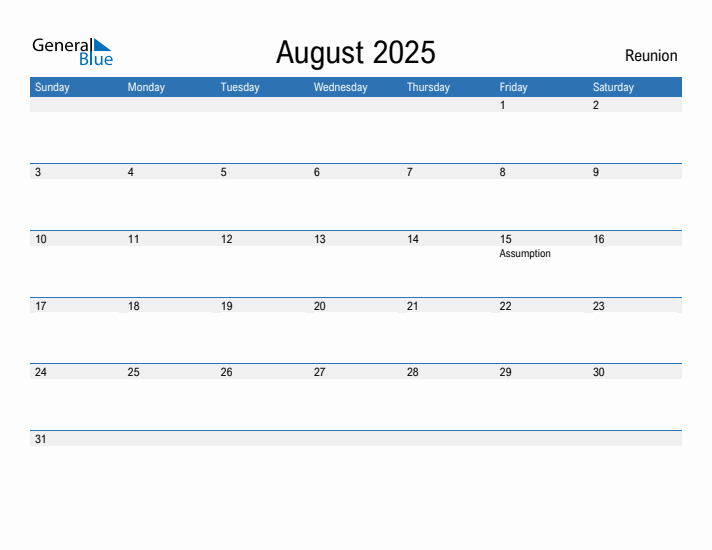 Editable August 2025 Calendar with Reunion Holidays