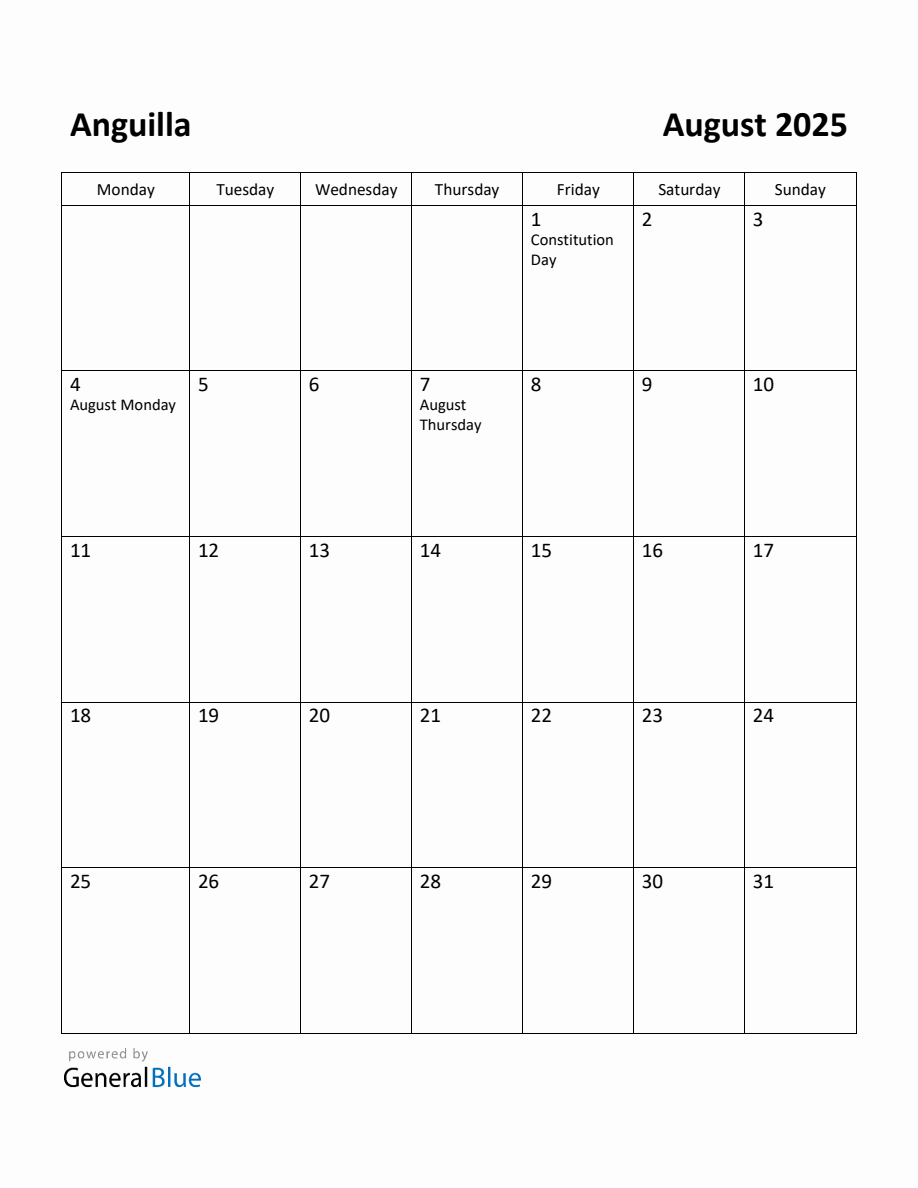 Free Printable August 2025 Calendar for Anguilla