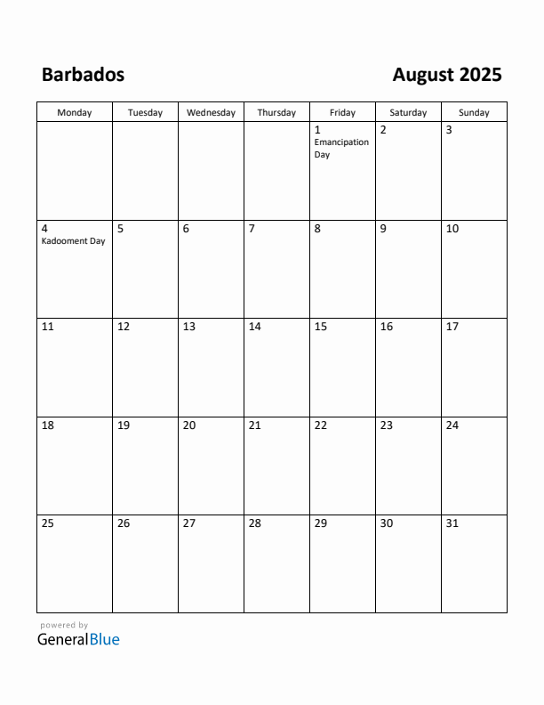 August 2025 Calendar with Barbados Holidays