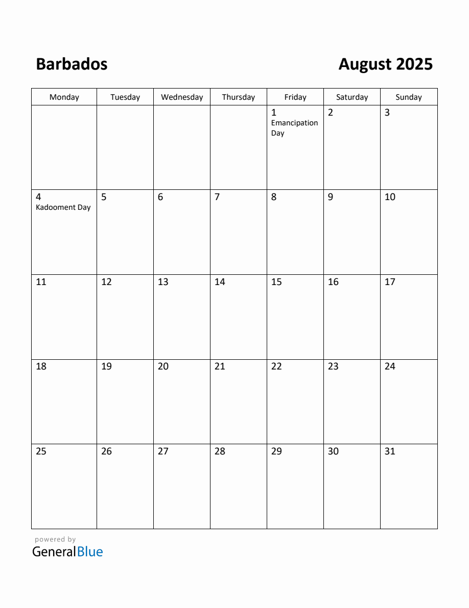 Free Printable August 2025 Calendar for Barbados