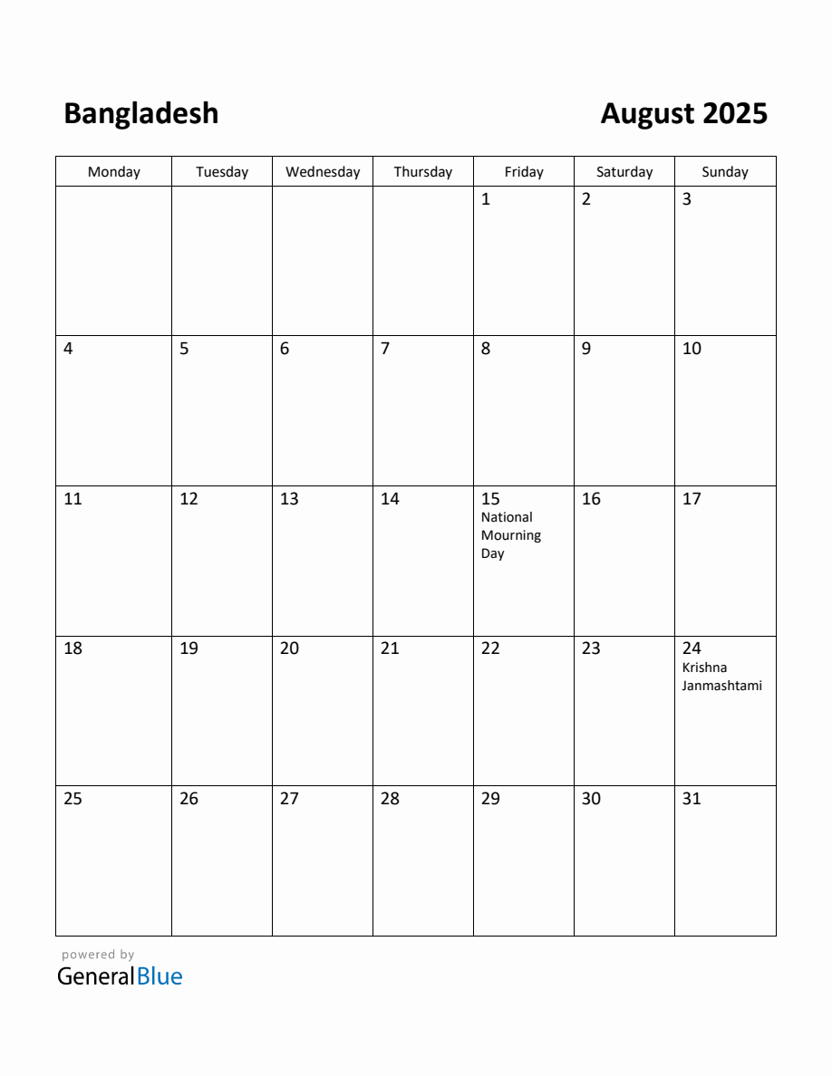 Free Printable August 2025 Calendar for Bangladesh