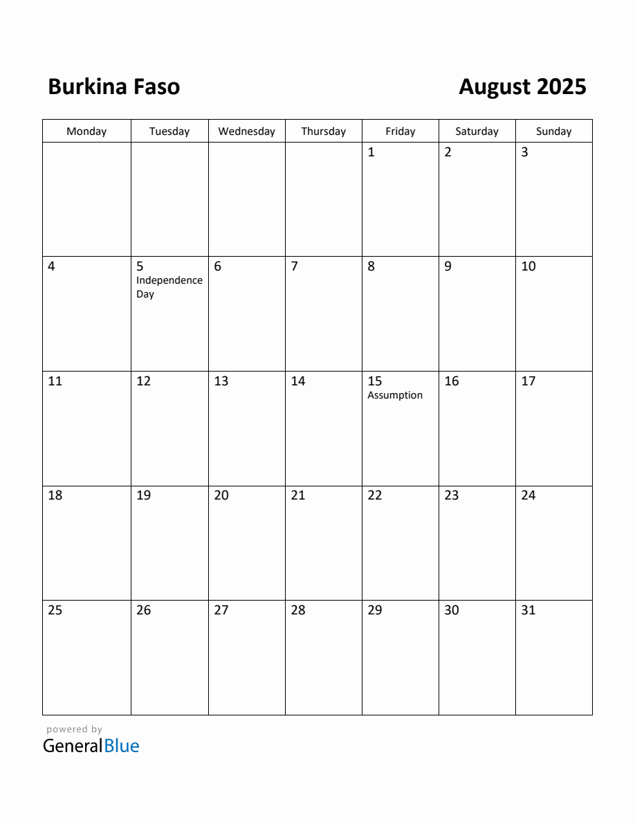 Free Printable August 2025 Calendar for Burkina Faso