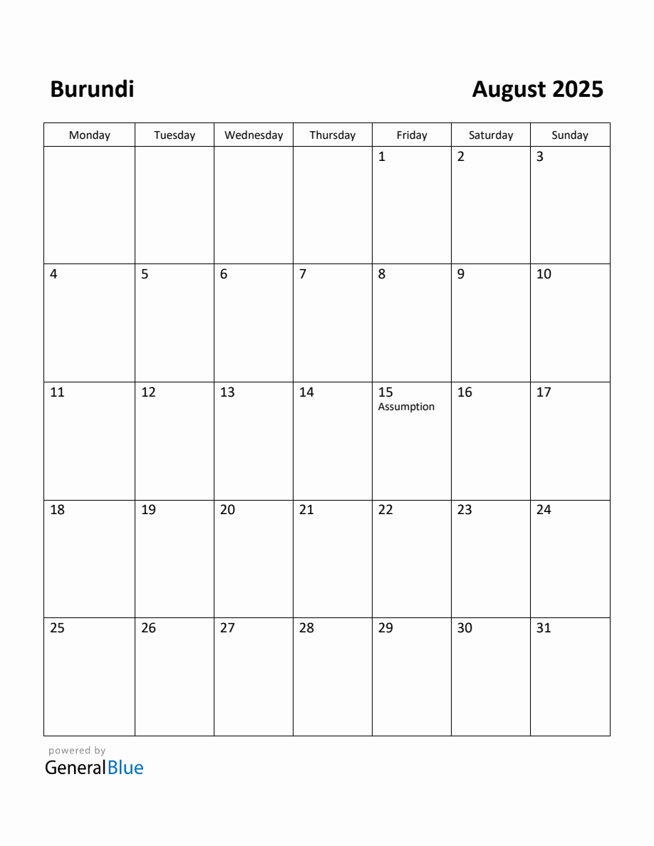 Free Printable August 2025 Calendar for Burundi