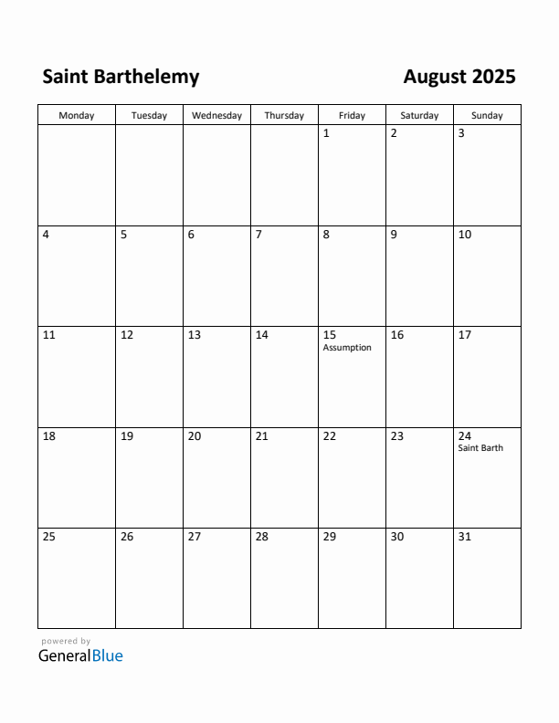 August 2025 Calendar with Saint Barthelemy Holidays