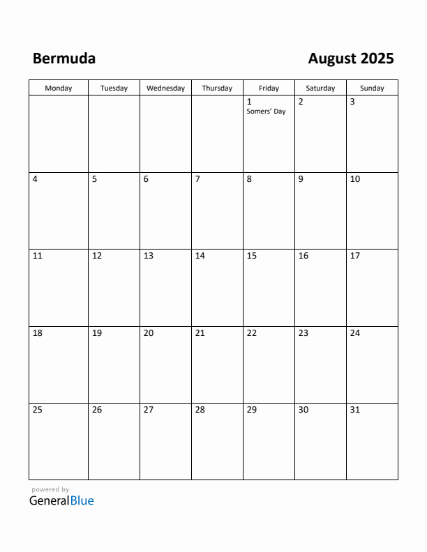August 2025 Calendar with Bermuda Holidays