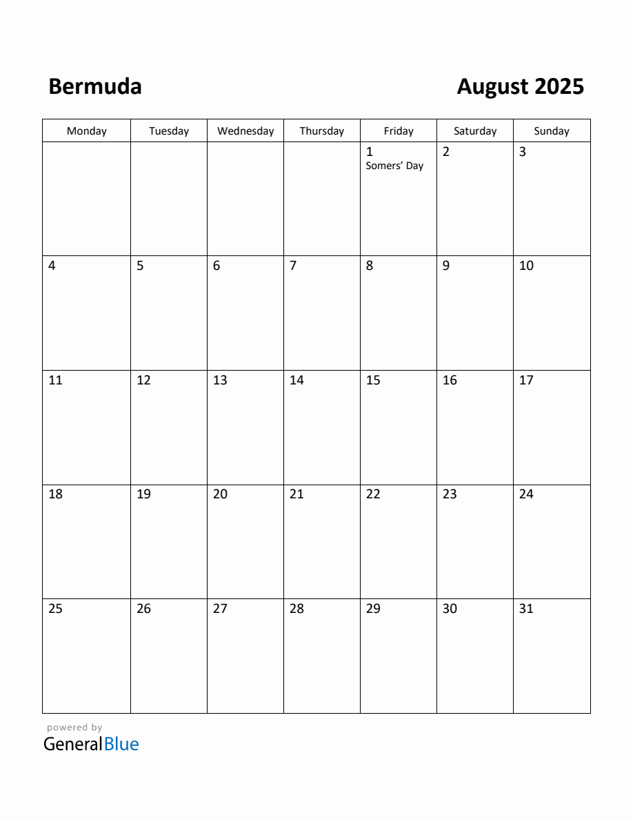 Free Printable August 2025 Calendar for Bermuda