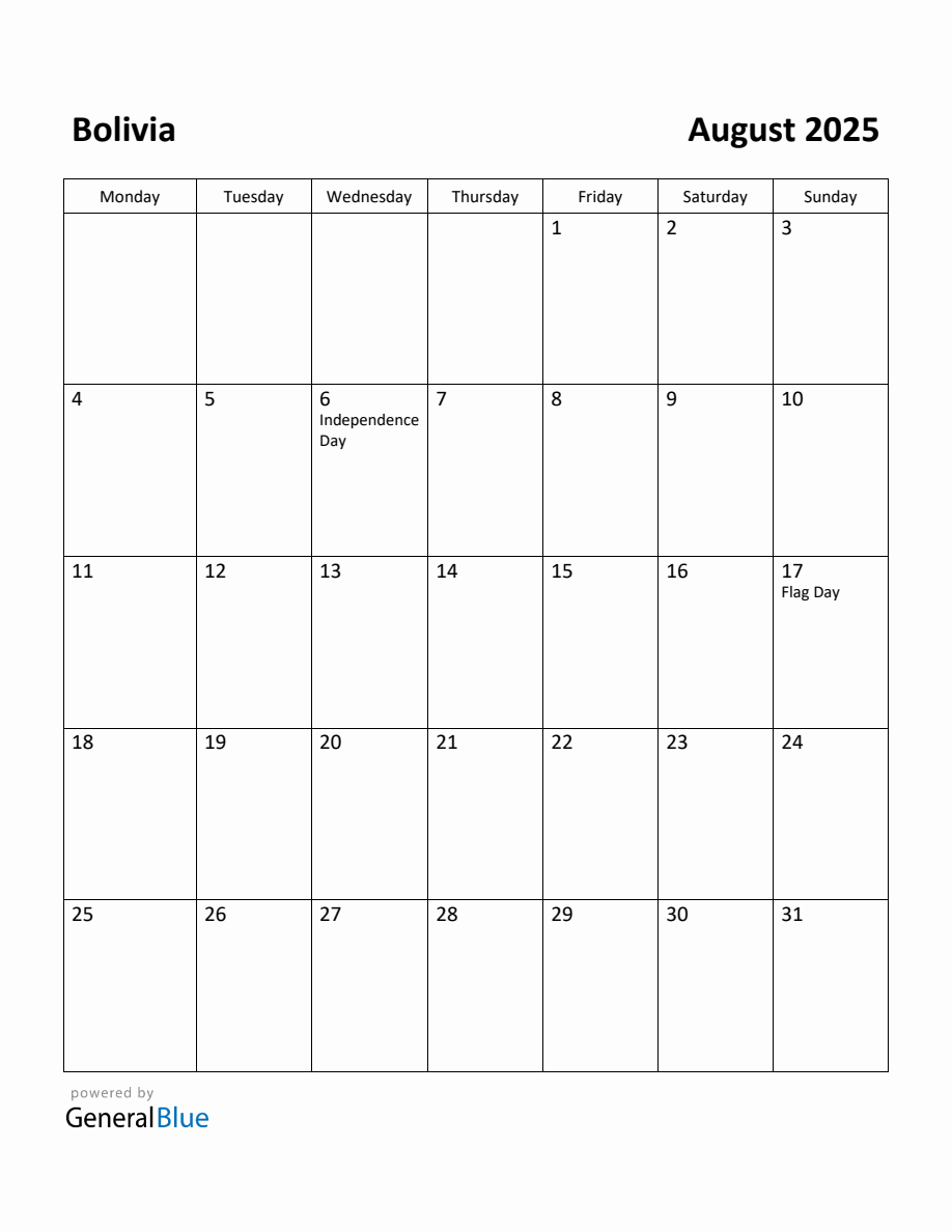 Free Printable August 2025 Calendar for Bolivia