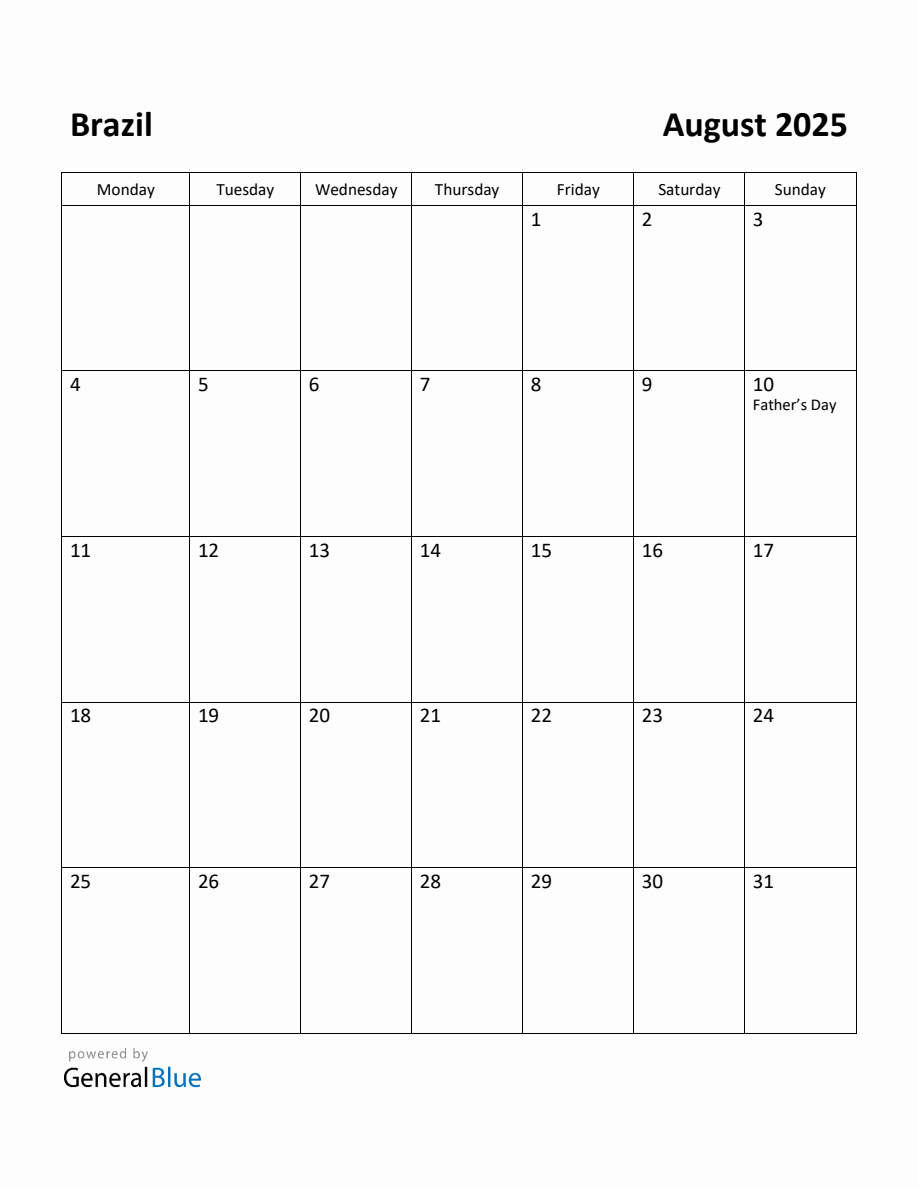 Free Printable August 2025 Calendar for Brazil