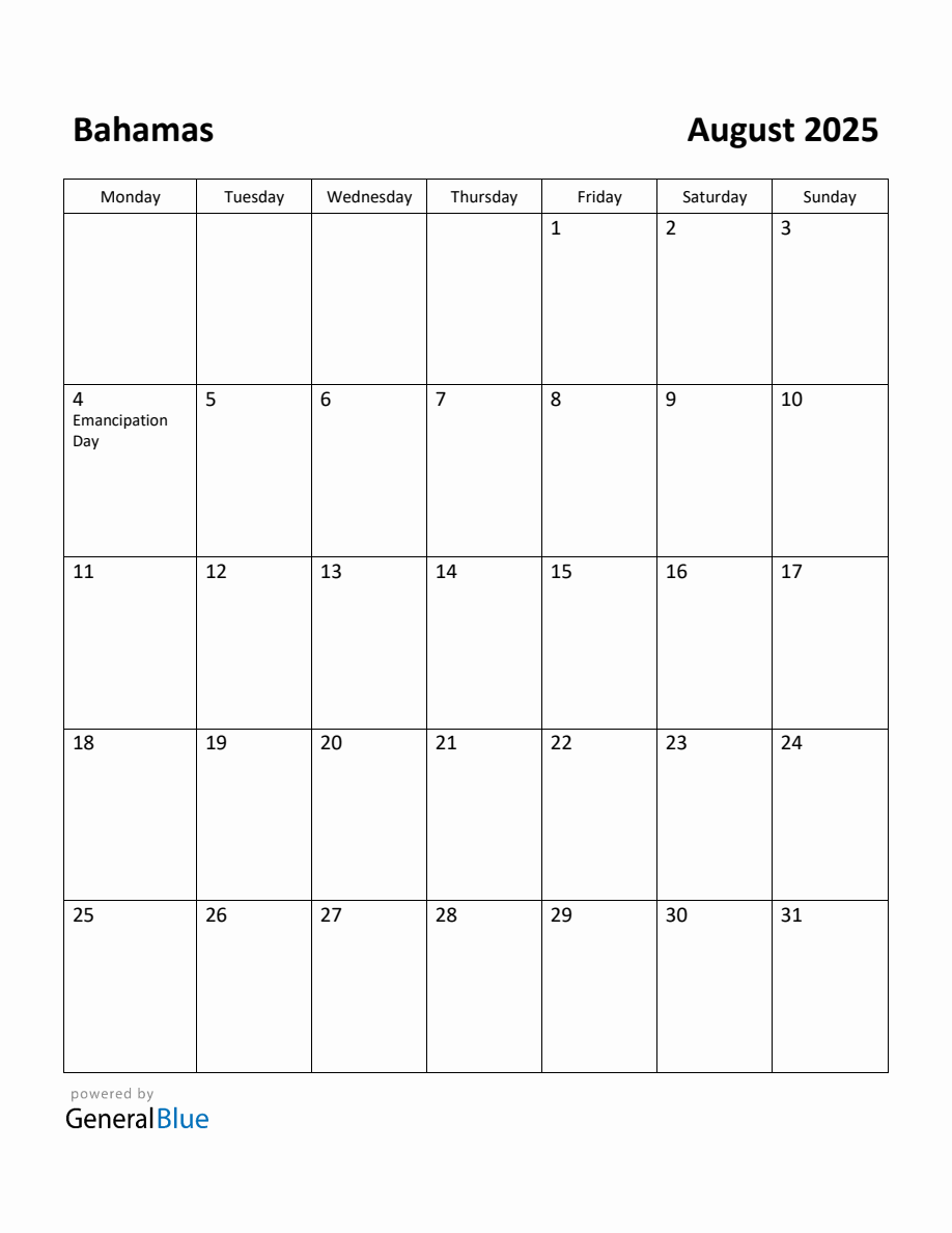 Free Printable August 2025 Calendar for Bahamas