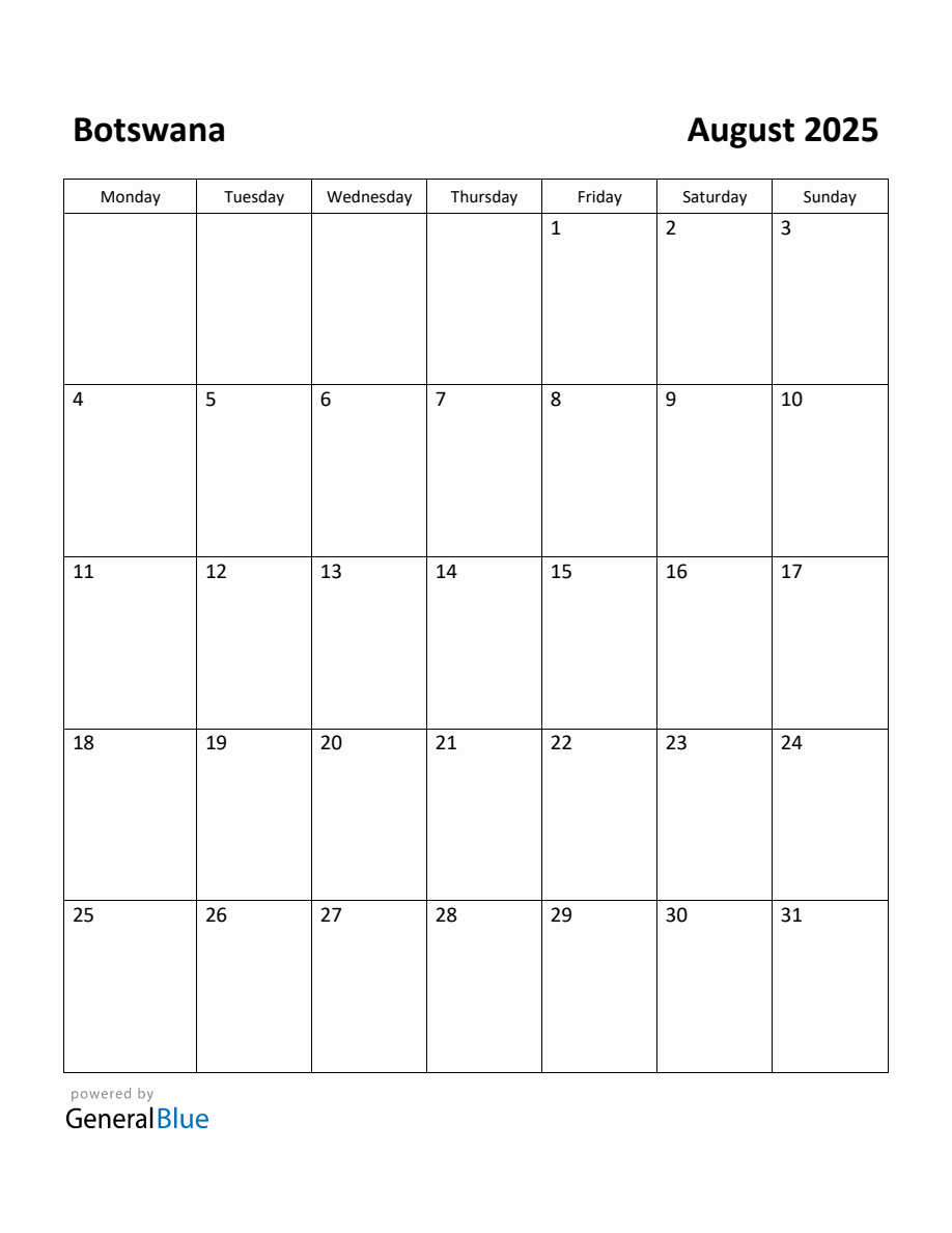 Free Printable August 2025 Calendar for Botswana