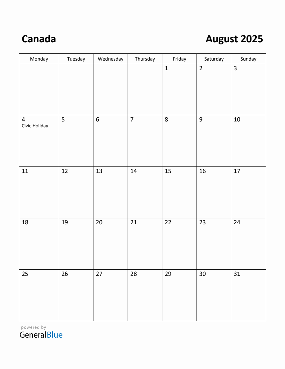 Free Printable August 2025 Calendar for Canada