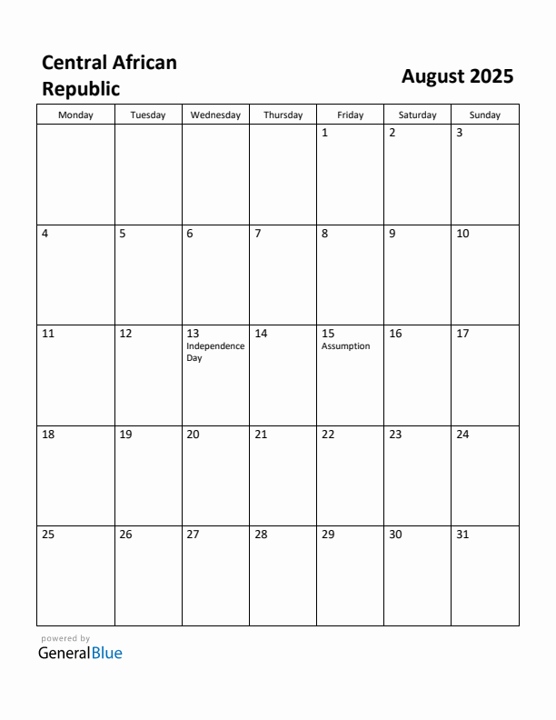 August 2025 Calendar with Central African Republic Holidays