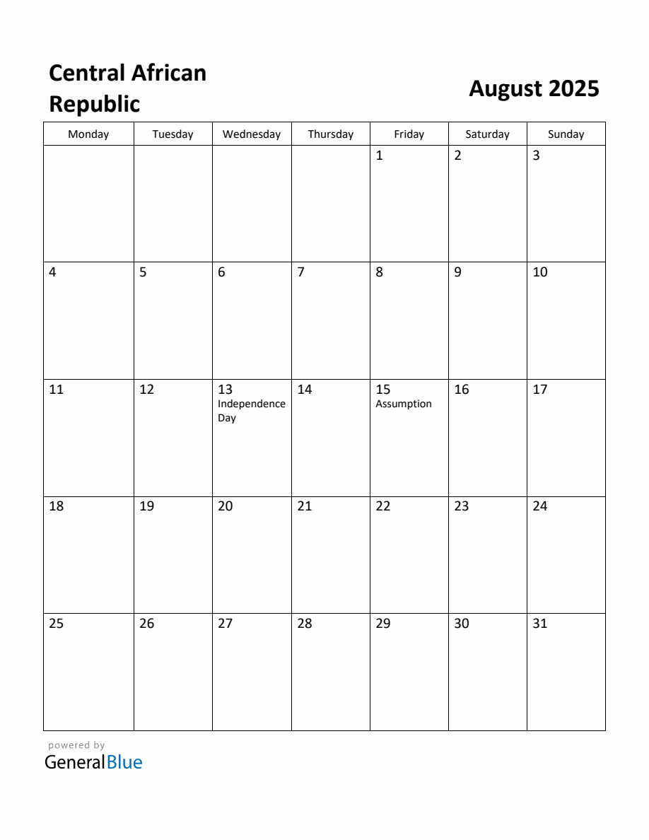 Free Printable August 2025 Calendar for Central African Republic