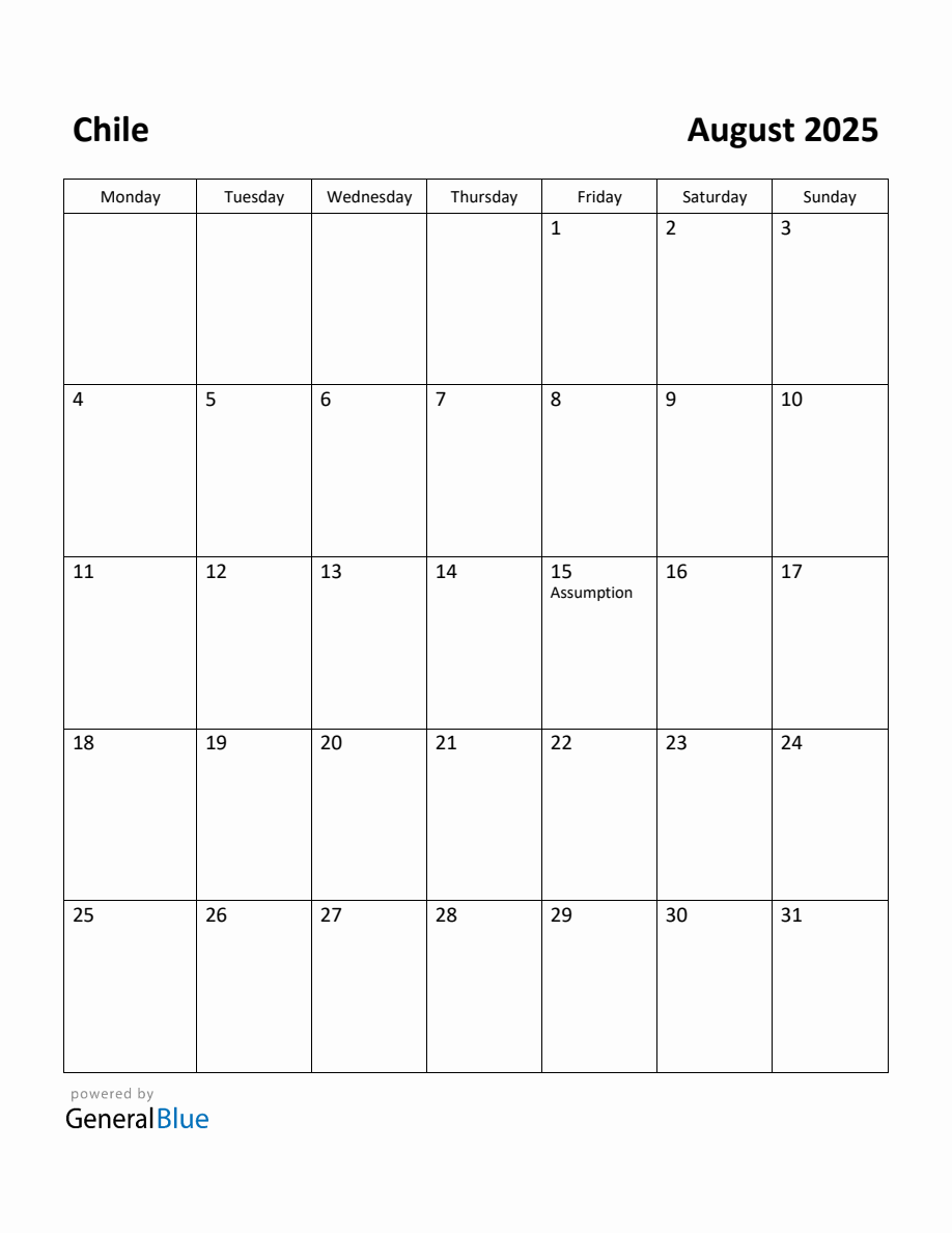 Free Printable August 2025 Calendar for Chile