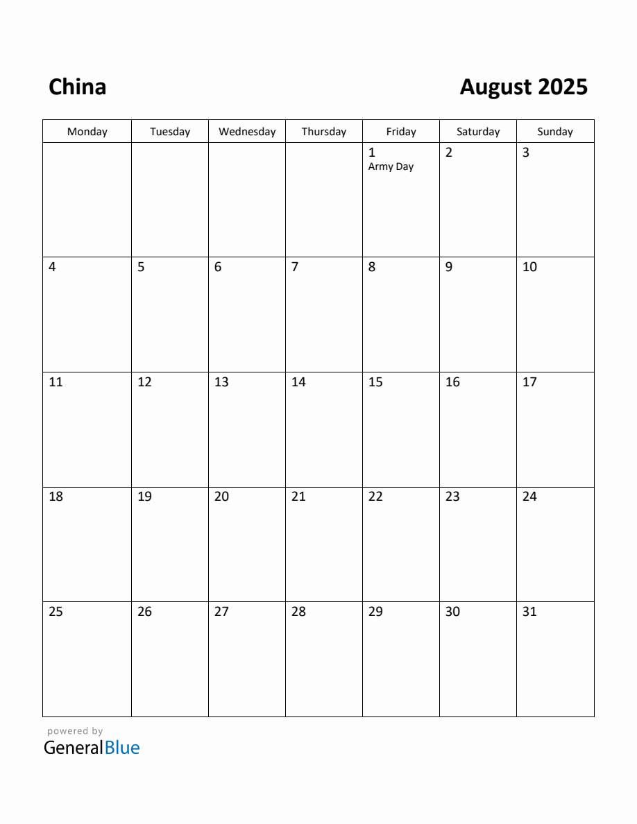 Free Printable August 2025 Calendar for China