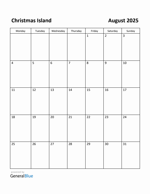 August 2025 Calendar with Christmas Island Holidays